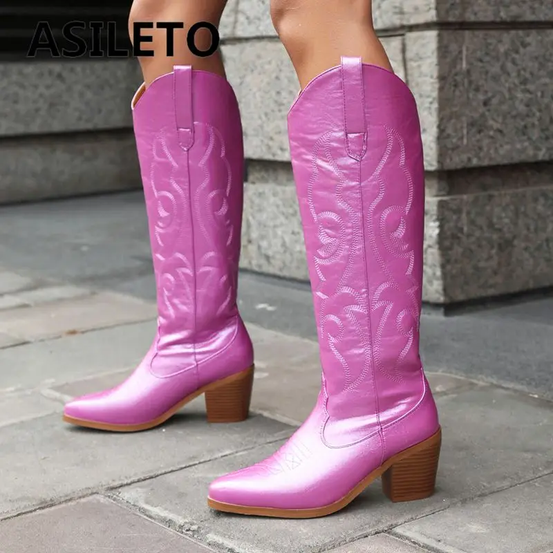 

ASILETO New Women Knee High Boots Square Toe Block Heels 6.5cm Slip On Embroider Large Size 42 43 Leisure Daily Western Booty