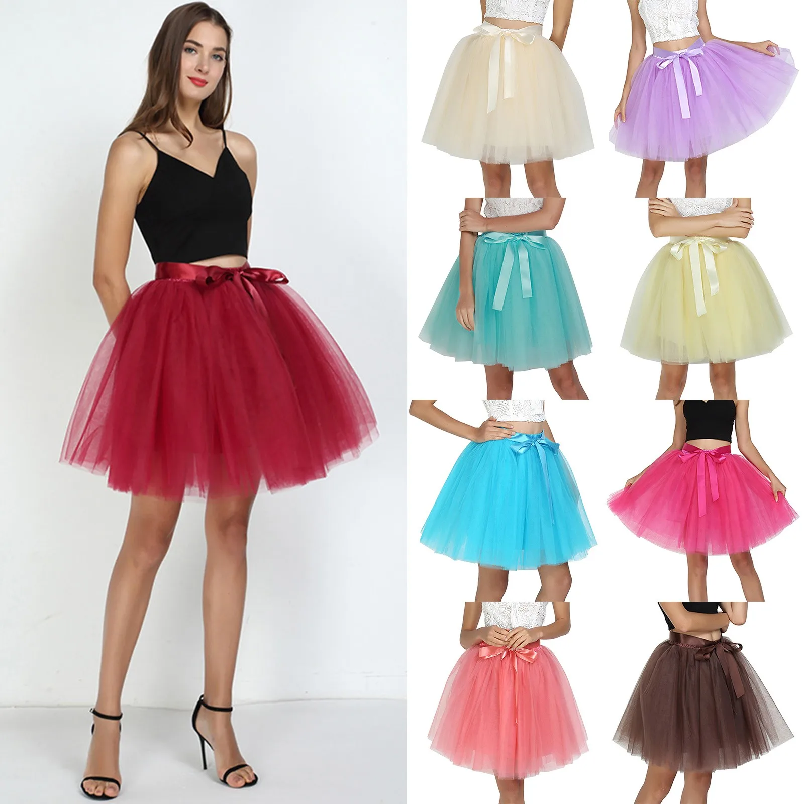 

Layered Fashion Tulle Skirt Pleated Tutu Skirts Women Lolita Petticoat Bridesmaids Sweet Party Midi Skirt Faldas Para Mujeres