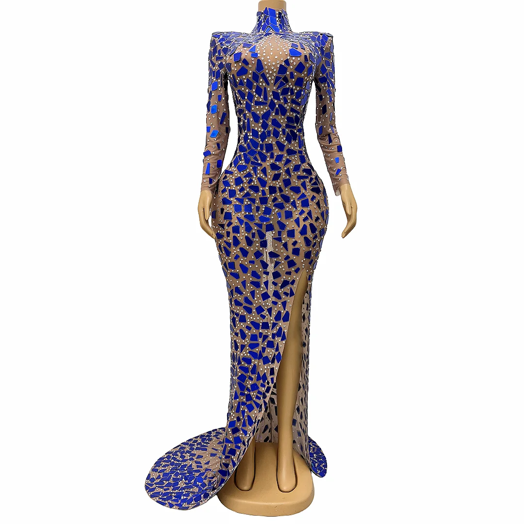 

Fashion Rhinestones Performance Outfit Costume Evening Celebrate luxurious Blue Mirrors Transparent Long Train Dress