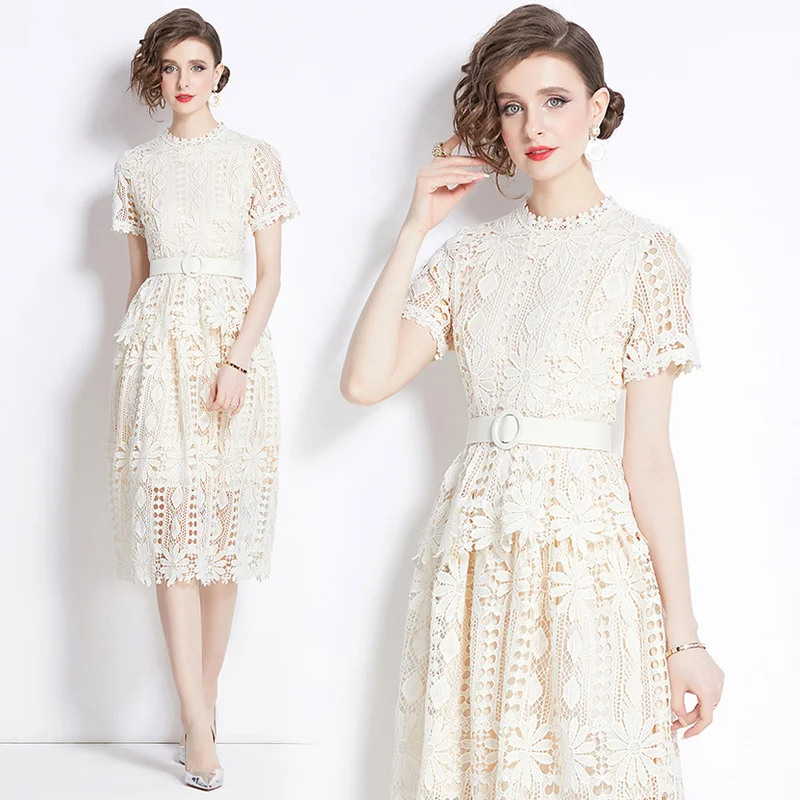 

JAMERARY Brand Designer Summer Luxury Evening Prom Holiday Dress Women Midi Long Flower Embroidery White Lace Party Vestido Belt