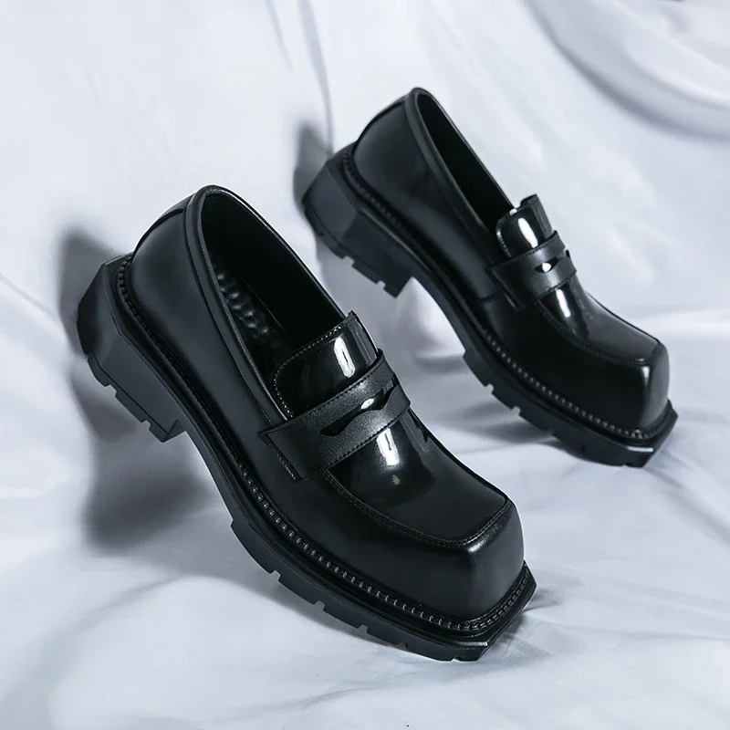 

Men Loafers Square Toe Platform Fashion Formal Men's Shoes Slip-On Black Patent Leather Business Men Shoes