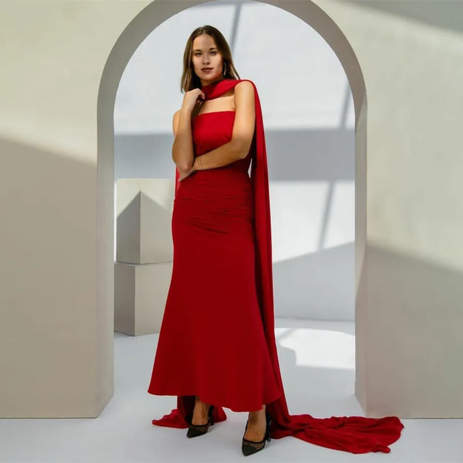 Elegant Long Crepe Red Evening Dresses With Train Sheath Halter Pleated Ankle Length Formal Occasion Prom Party Gowns
Elegant Long Crepe Red Evening Dresses With Train Sheath Halter Pleated Ankle Length Formal Occasion Prom Party Gowns