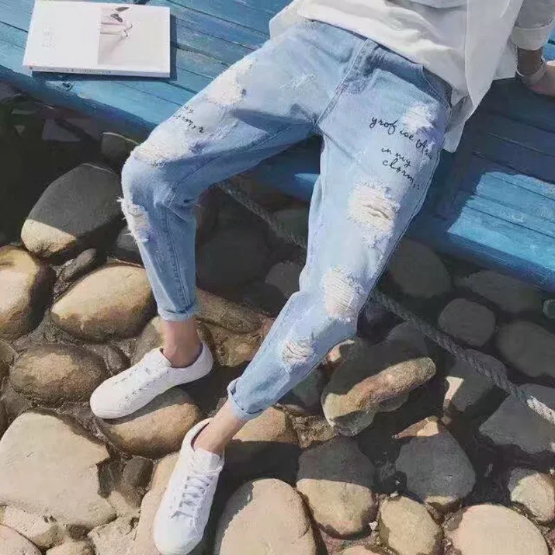 Man Cowboy Pants Broken Trousers Torn Men's Jeans Cropped with Holes Light Blue Ripped Retro Xs Free Shipping Wide Leg Casual
Man Cowboy Pants Broken Trousers Torn Men's Jeans Cropped with Holes Light Blue Ripped Retro Xs Free Shipping Wide Leg Casual