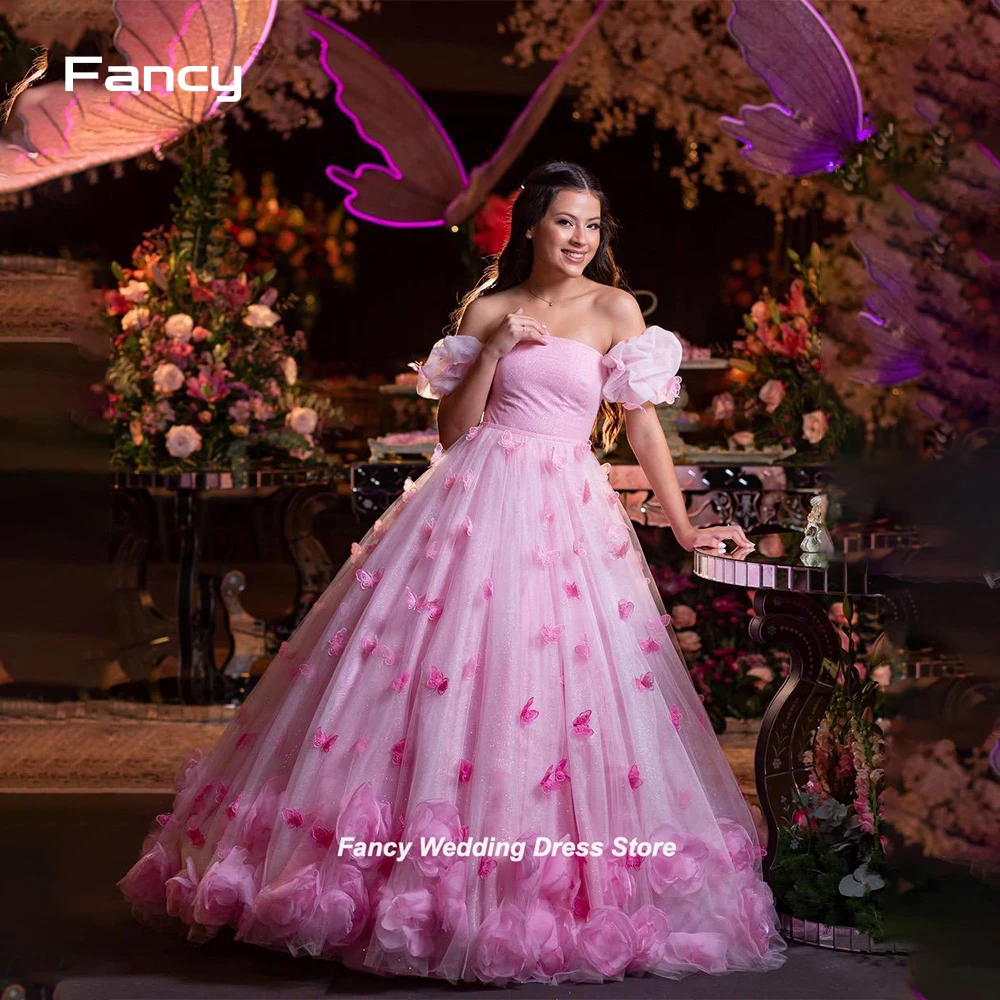 

Fancy Princess Strapless Pink Evening Dress 3D Butterfly A Line Prom Gown Remove Sleeve Floor Length Saudi Arabia Party Dresses