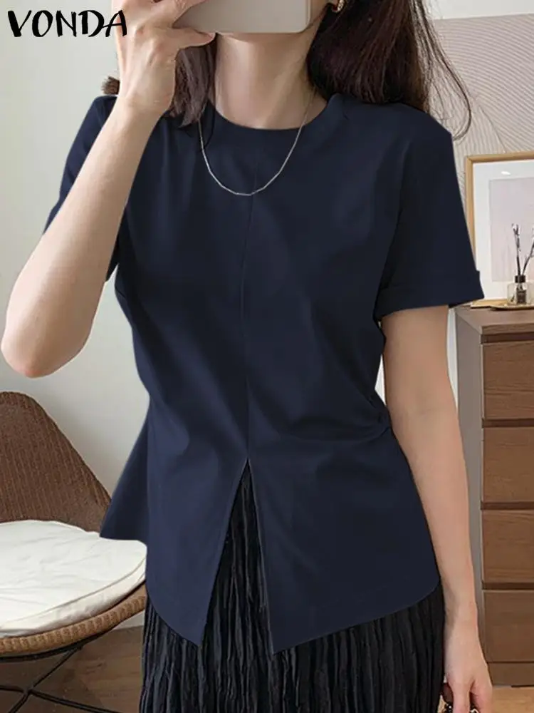 

VONDA Summer Women Casual Blouse 2024 Short Sleeve Tunic Tops Solid Color Slit Shirts Round Neck Elegant Fashion Blusas Feminina