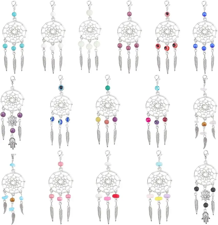 

32Pc 11Style Dreamcatcher Charms Colorful Wood Beads Dream Catcher Pendants with Alloy Findings Lobster Claw Clasps and Feathers