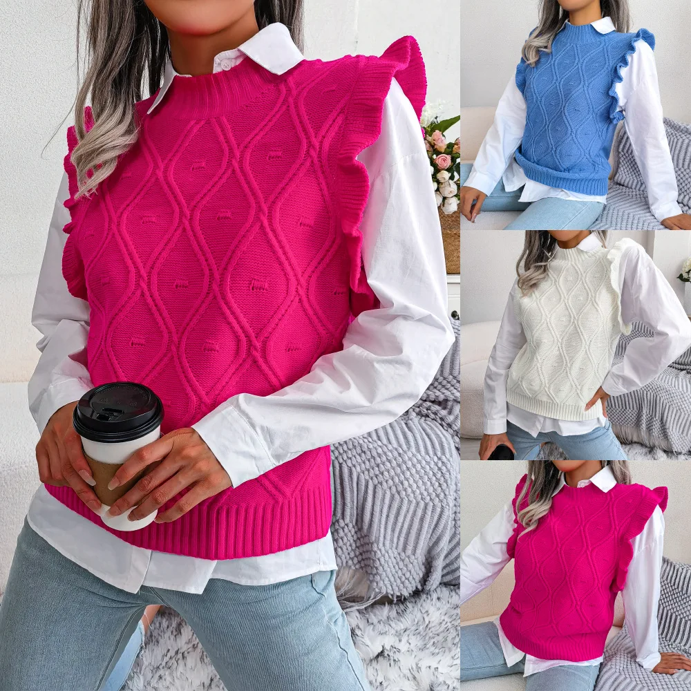 Women Casual Ruffles Sleeveless Pullovers Knitted Sweater Vest Autumn Winter 2023
Women Casual Ruffles Sleeveless Pullovers Knitted Sweater Vest Autumn Winter 2023