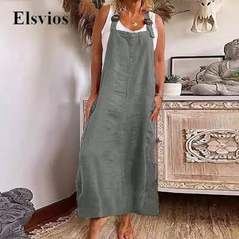 Casual Adjusted Buckle Straps Long Dress Female Cotton Linen Solid Loose Overall Dress Women Sleeveless Pockets Pullover Dresses
Casual Adjusted Buckle Straps Long Dress Female Cotton Linen Solid Loose Overall Dress Women Sleeveless Pockets Pullover Dresses