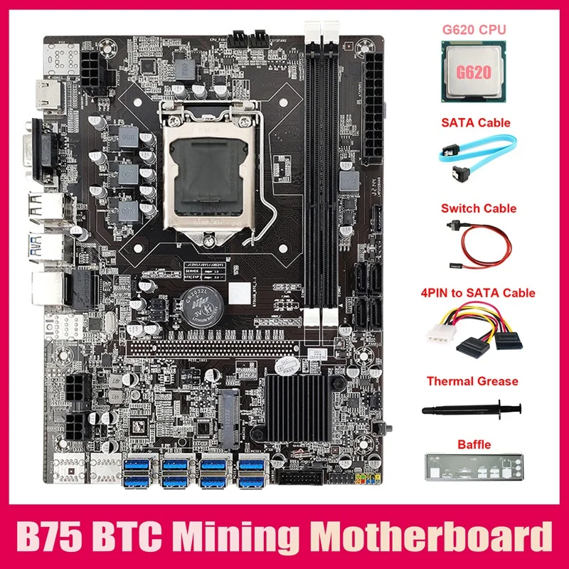 

B75 8USB ETH Mining Motherboard+G860 CPU+4PIN To SATA Cable+SATA Cable+Switch Cable+Baffle+Thermal Grease For BTC Miner