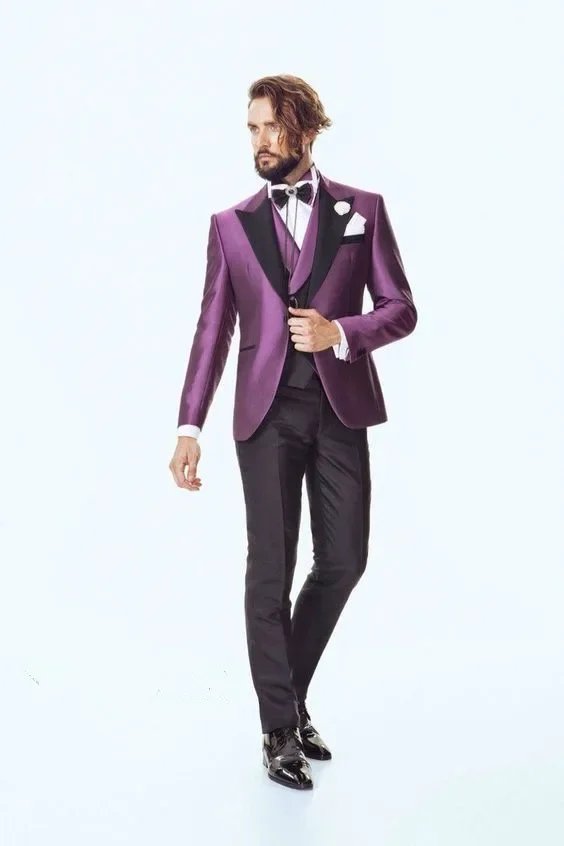 

Purple Satin Italian Men Suit Peak Lapel Wedding Suits For Men Custom Slim Fit 3 Piece Groom Tuxedo Prom Blazer Terno Masculino