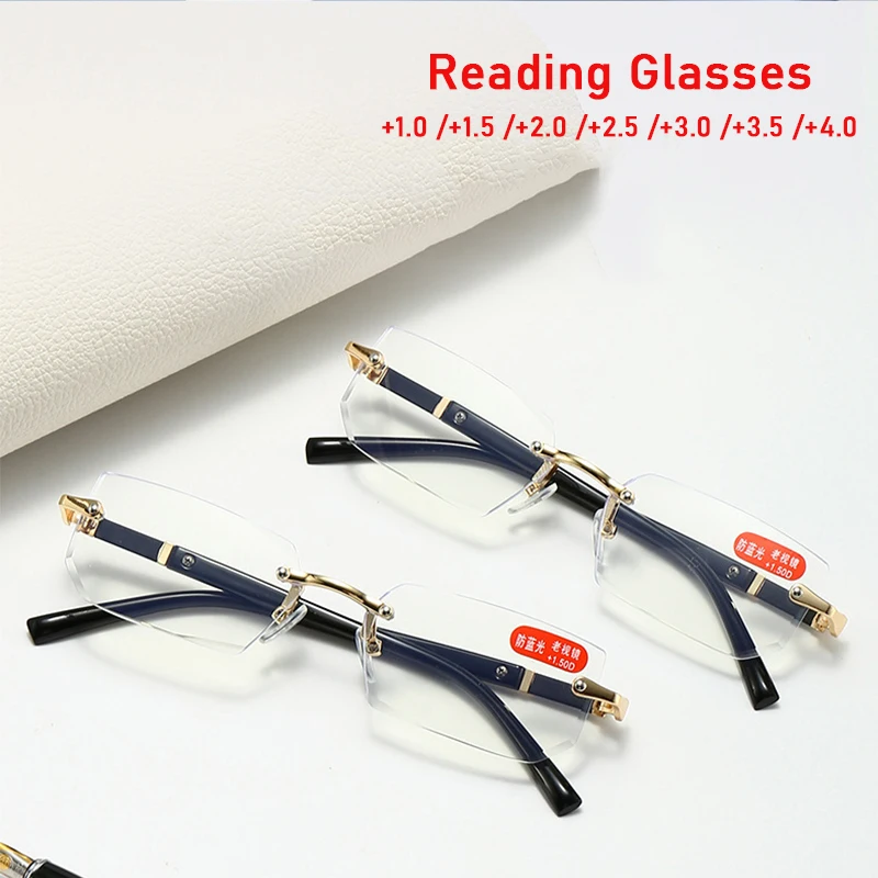 

2024 New Rimless Rectangle Women Reading Glasses Fashion Presbyopic Glasses For The Elderly Anti-blue Light Trendy Men Eyeglass