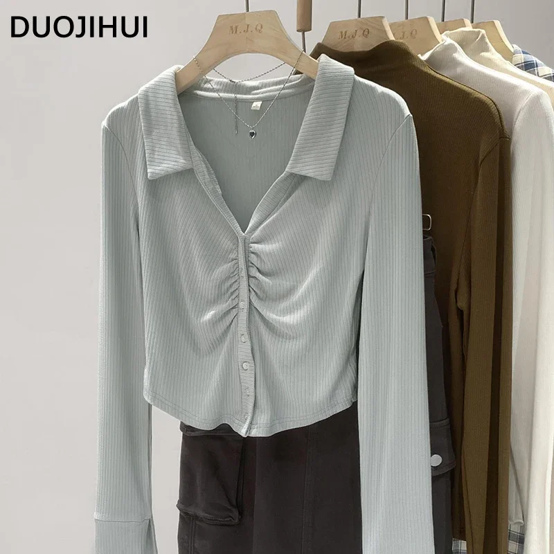 DUOJIHUI New Fashion Polo Neck Sexy Slim Waist Female T-shirts Autumn Chic Solid Color Basic Simple Button Casual Women T-shirts 
DUOJIHUI New Fashion Polo Neck Sexy Slim Waist Female T-shirts Autumn Chic Solid Color Basic Simple Button Casual Women T-shirts