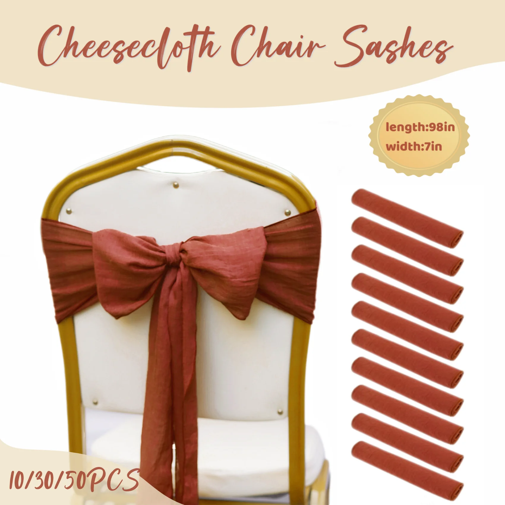 10-50PCS Terracotta Cheesecloth Chair Sashes For Wedding Reception Party Hotel Decoration Chair Bow Sashes Chair Covers 7x98Inch
10-50PCS Terracotta Cheesecloth Chair Sashes For Wedding Reception Party Hotel Decoration Chair Bow Sashes Chair Covers 7x98Inch