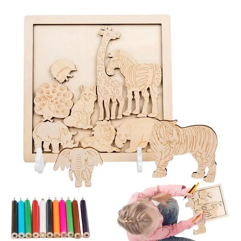 

Деревянная головоломка в форме животного, обучающая игрушка Монтессори для малышей, креативные Веселые Обучающие пазлы-раскраски для детей, мальчиков и девочек