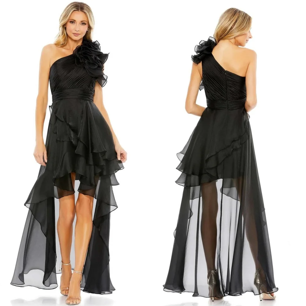 

Prom Dress Saudi Arabia Evening Organza Draped Flower Ruched A-line One-shoulder Bespoke Occasion Gown Hi-Lo Dresses