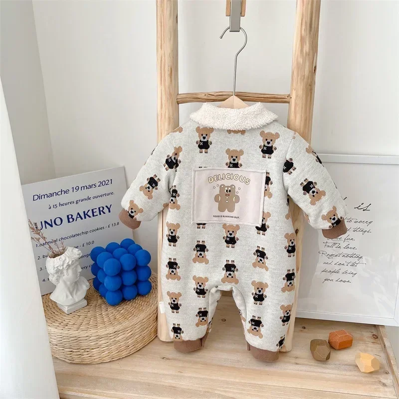 

2023 Fall/Winter Newborn Baby Romper Fleece-Lined Jumpsuit Kids Thicken Warm Cotton-Padded Overall for Outdoor Activities