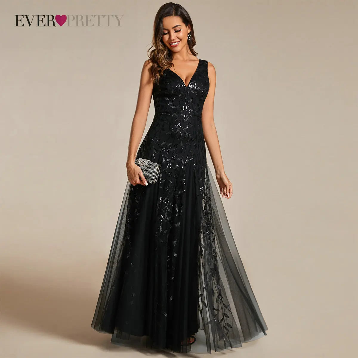 

Ever Pretty Elegant A Line V Neck Sleeveless Sequin Evening Dresses Sparkly Embroidery Long Party Dress For Women robe de soiree