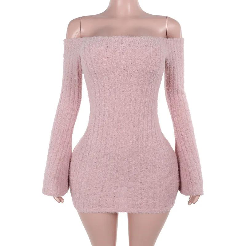 Spicy One-oulder Women's Dress High Waist Bodycon Short Skirt Long Sleeve Polyester Fabric Pure Color Elegant Lady Dresses Spicy One-oulder Women's Dress High Waist Bodycon Short Skirt Long Sleeve Polyester Fabric Pure Color Elegant Lady Dresses