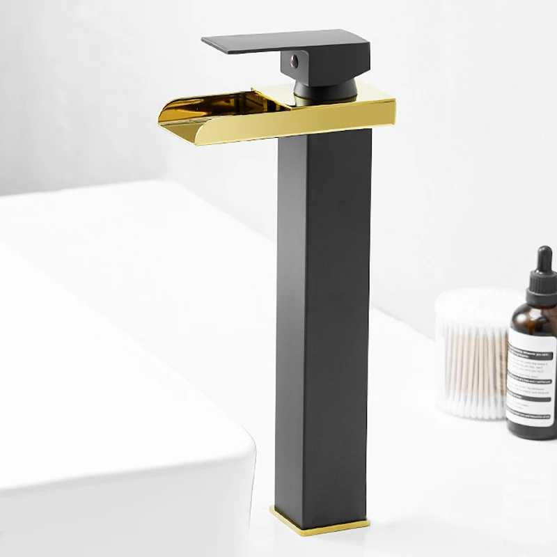 

Black Gold Brass Waterfall Bathroom Basin Faucet Square Vanity Sink Mixer Hot & Cold Lavotory Tap Single Handle Sink Faucets Tap