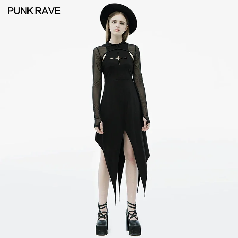 

PUNK RAVE Women's Gothic Daily Two-piece Dress Black Cross Hollow Out In Chest Sexy Irregular Hem Knit Long Sleeve Girl