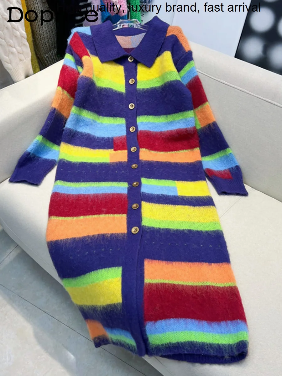 Sweet Candy High-End Contrast Color Plush Long Sweater Cardigan Coat Women Fall Winter Retro Lazy Rainbow Striped Knitted Dress
Sweet Candy High-End Contrast Color Plush Long Sweater Cardigan Coat Women Fall Winter Retro Lazy Rainbow Striped Knitted Dress