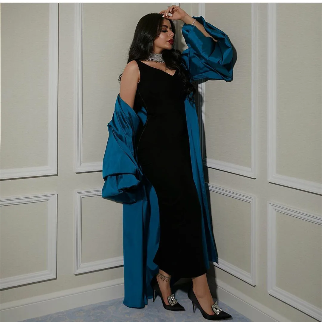 Elegant Short V-Neck Black&Blue Evening Dresses Taffeta Sheath Ankle Length إفننغ دريسس Robes de Soirée for Women
Elegant Short V-Neck Black&Blue Evening Dresses Taffeta Sheath Ankle Length إفننغ دريسس Robes de Soirée for Women