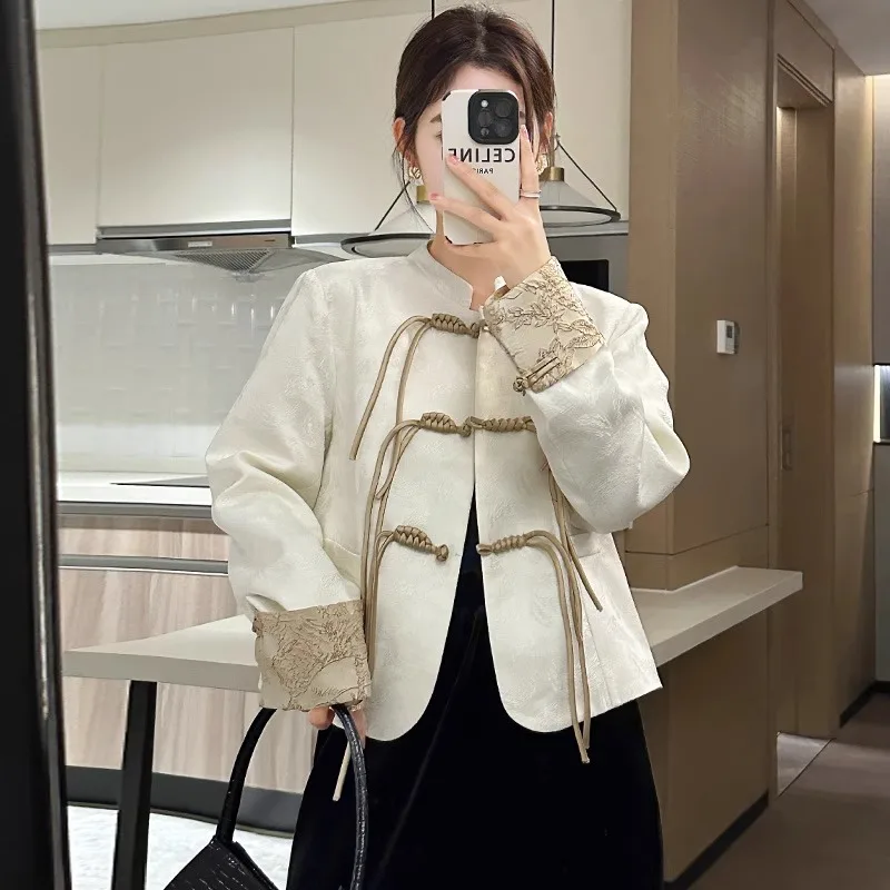 

Женский короткий костюм с пряжкой, короткое пальто в китайском стиле ретро с длинным рукавом и воротником-стойкой, весна-осень 2024