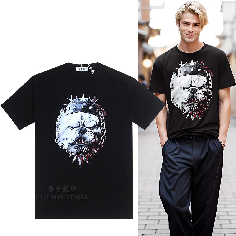 

Chun yu yin jia Designer luxury brand Pattern 3D Dog Print Short-Sleeved t Shirt for man Black men tee