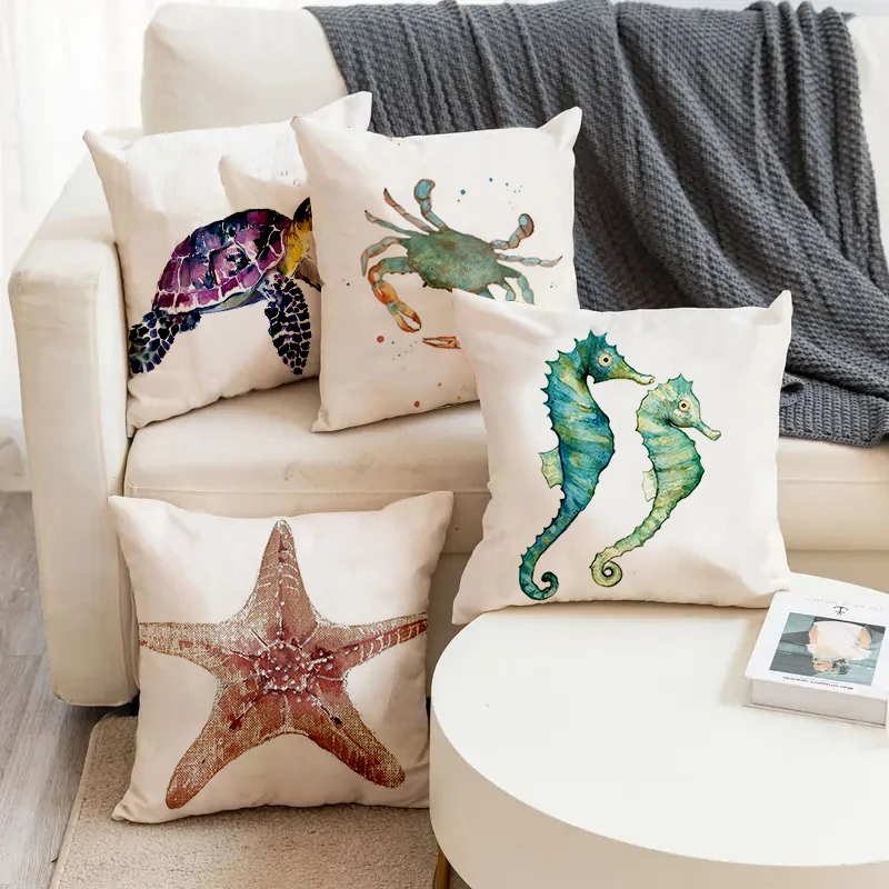 

Marine Animal Seahorse Turtle Starfish Print Soft Square Pillowslip Linen Blend Cushion Cover Pillowcase Living Room Home Decor