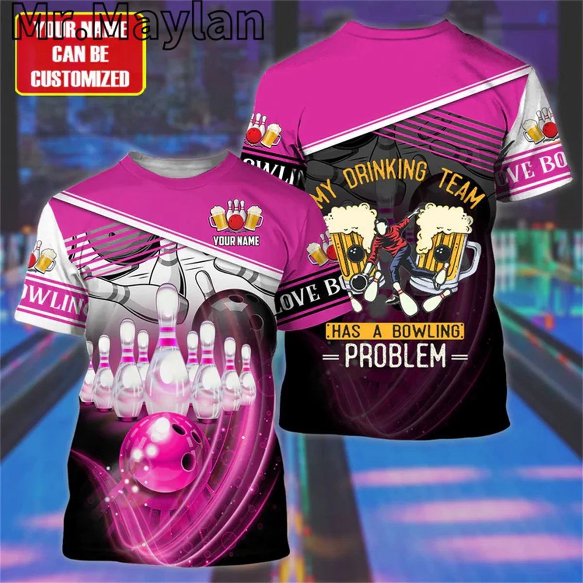 

Персонализированная розовая футболка для боулинга пива для мужчин и женщин, 3D футболка для боулинга, команда Unifrom, уличный подарок для любителей боулинга, Футболки унисекс-1