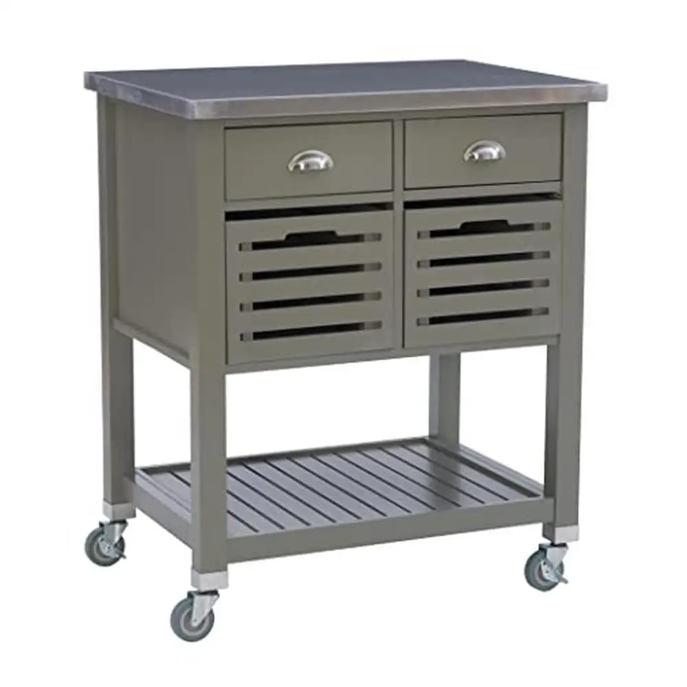 Gray Kitchen Cart with Stainless Steel Top 2 Drawers Bottom Shelf and Produce Bins Mobile Prep Station with Lockable Casters
Gray Kitchen Cart with Stainless Steel Top 2 Drawers Bottom Shelf and Produce Bins Mobile Prep Station with Lockable Casters