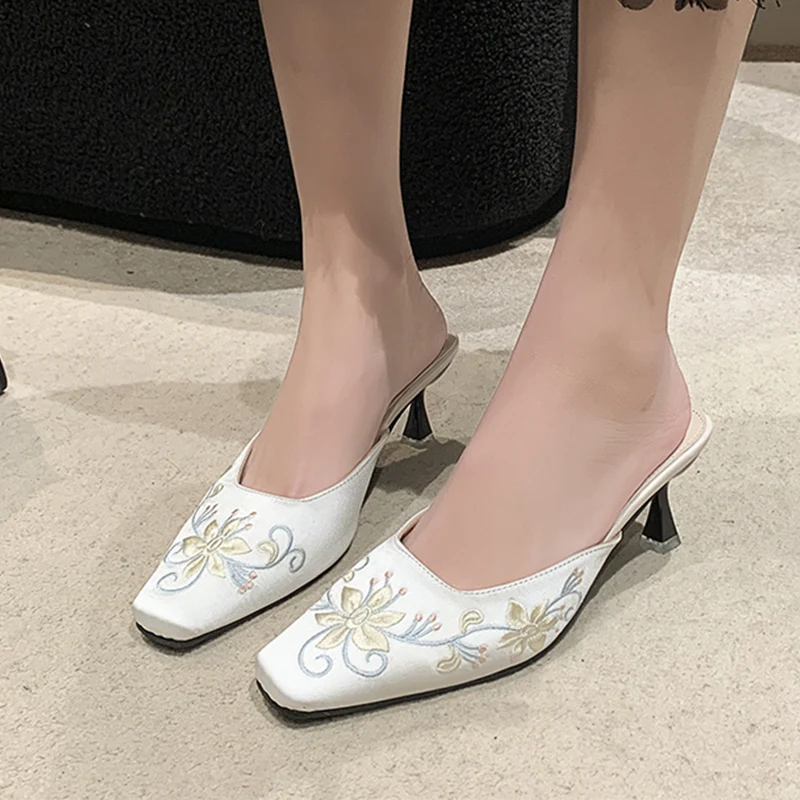 

Printing Women Mid Heels Slippers Shoes Shallow Summer Fad Mules Shoes Square Toe Pumps 2024 New Zapatos Slides Mujer Sandals