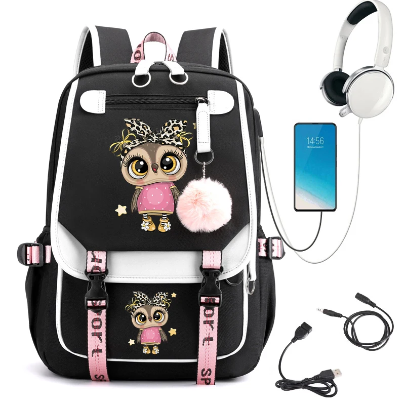 

Waterproof Teenage Bookbag Nylon Rucksack Fashion Girl Backpack Women Shoulder Bag Owl Cute High School Schoolbag Black Mochila