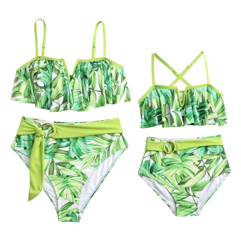

Leaf Mother Daughter Matching Swimsuits Family Set Ruffled Mommy and Me Bikini Dresses Clothes V-Neck Women Girls Swimwear 2024