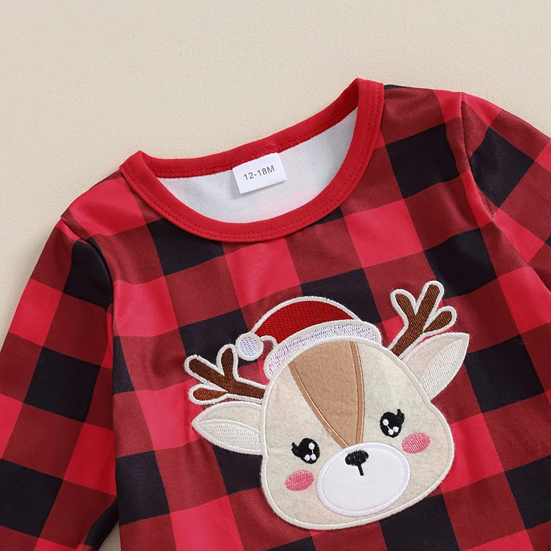 

Toddler Girl Christmas Flare Pant Set Long Sleeve Plaid Pullover Top Ruffled Deer Embrodered Top Bell Bottom Pants 2pcs