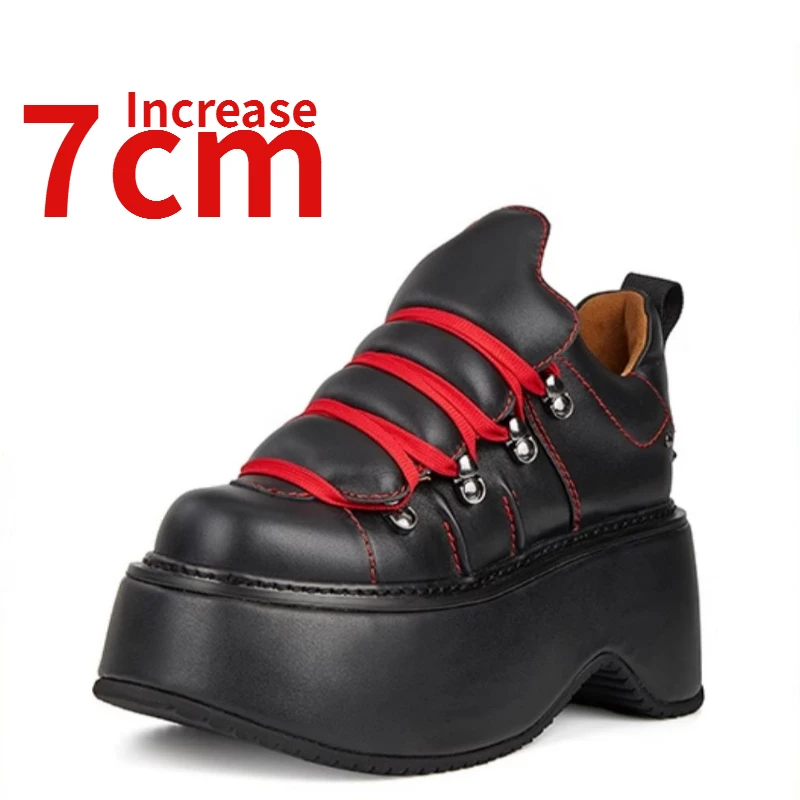 

Genuine Leather Autumn Thick Soled for Shoes Women Height Increased 7cm Black Red Popular Versatile Sports Casual Elevator Shoes