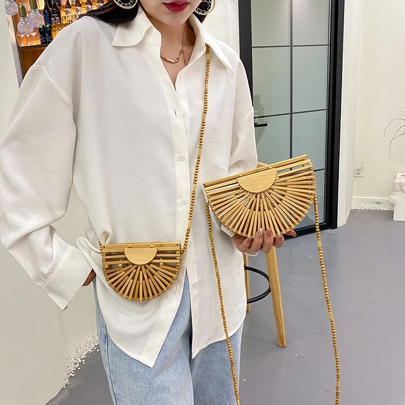 

Bamboo Woven Women's Shoulder Bag Handmade Summer Straw Beach Bags Half Round Saddle Handbag Female Beaded Chain Crossbody Bag