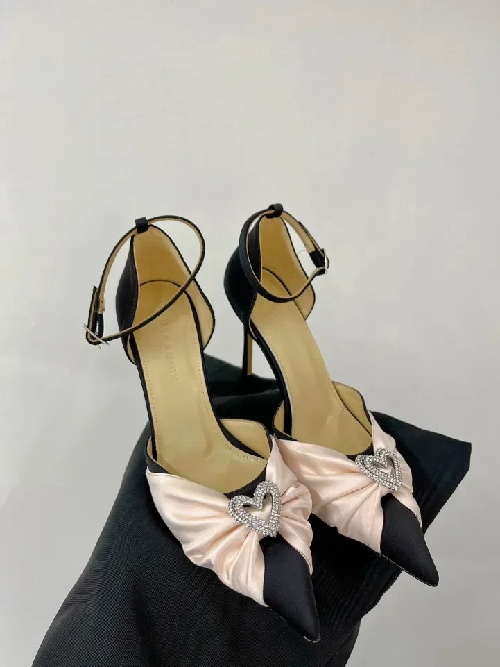 

Mach Double Heart Pointed Toe Satin Pumps wedding crystal bow slingback stiletto heels Knot Diamond high heels sexy party shoes