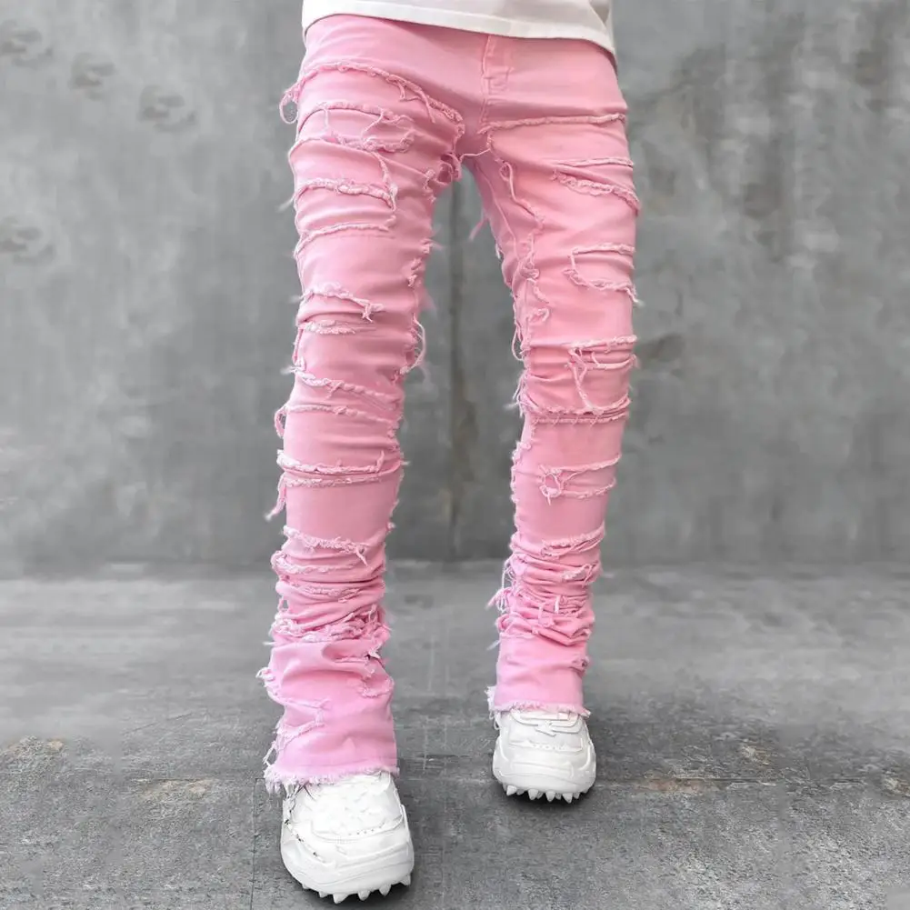 

Men's Casual Distressed Jeans Tassels Patchwork Design Slim Fit Solid Color Stretch Denim Pants Straight Leg Streetwear Trousers