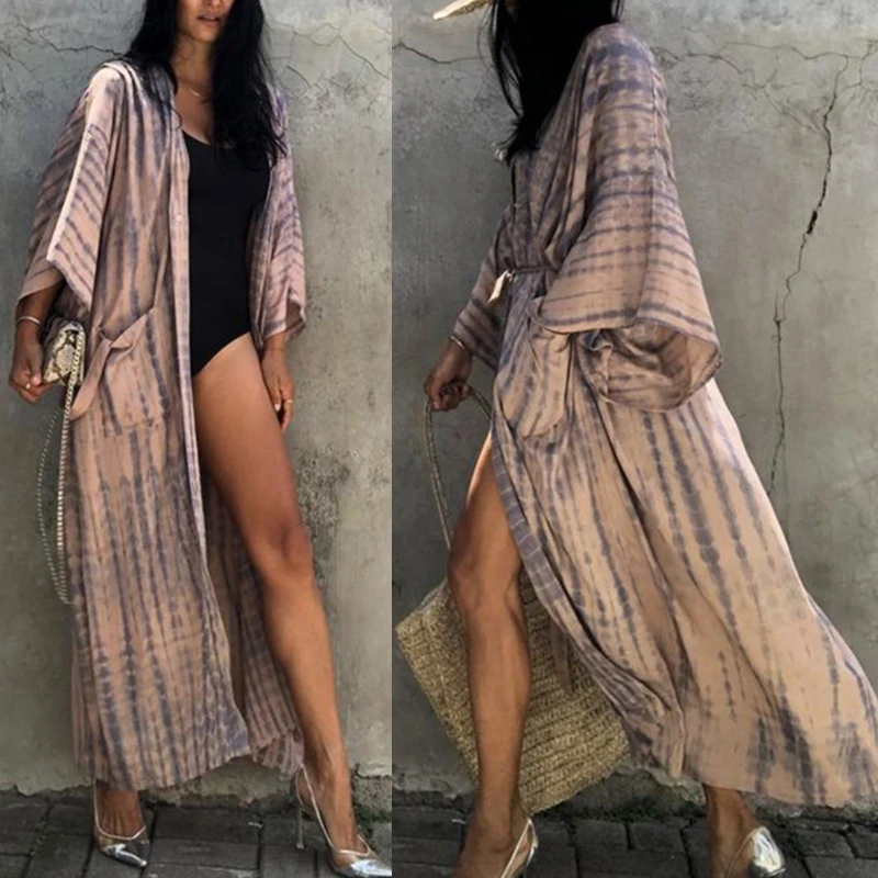 

Women Tie-Dye Striped Print Kimono Cardigan Sunscreen Long Sleeve Belted Beach Maxi Dress Open Front Swimsuit Cover Up Dropship