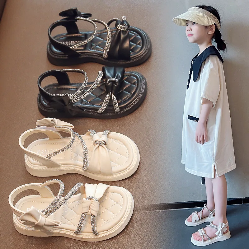 

Girls' Sandals Summer New Soft Soled Rhinestones Princess Children's Peep-toe Sandals Kids Casual Bowknot Flat Heels Beach Shoes