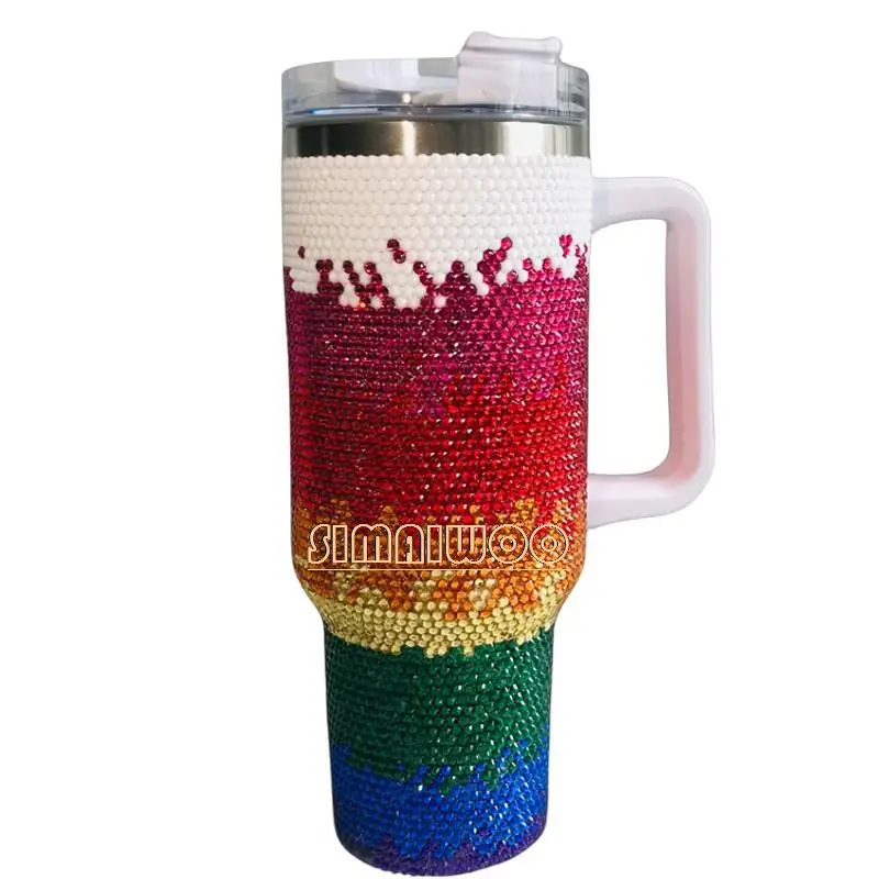 

Gradient Ice Drink Straw Handle Cup Double Layer Vacuum Thermal Insulation Cup Rhinestone Mosaic Tumbler Art Bling Shining Gift