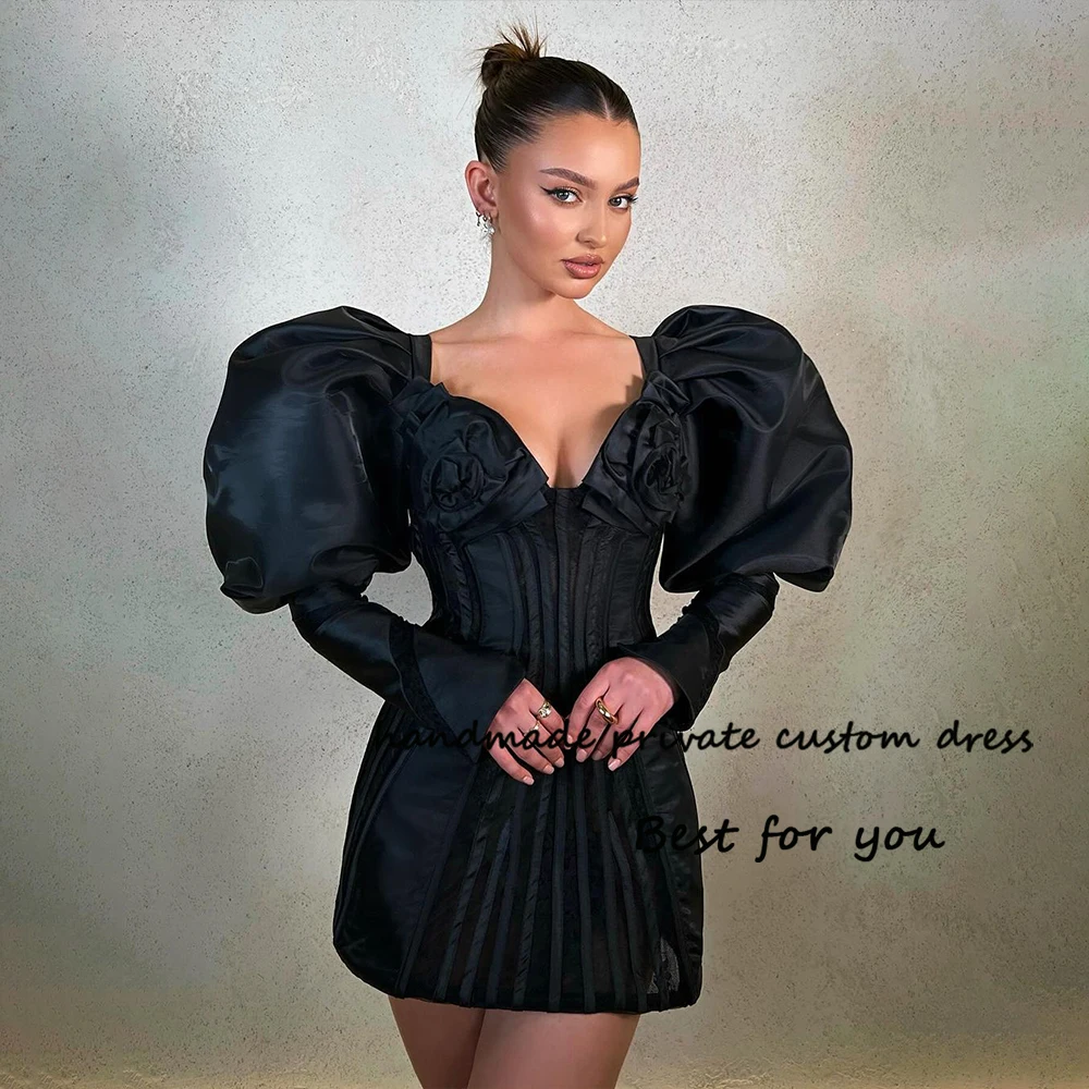 

Black Short Evening Prom Dresses Long Sleeve V Neck Cocktail Party Dress Pleats Satin Sexy Bodycon Evening Party Gowns