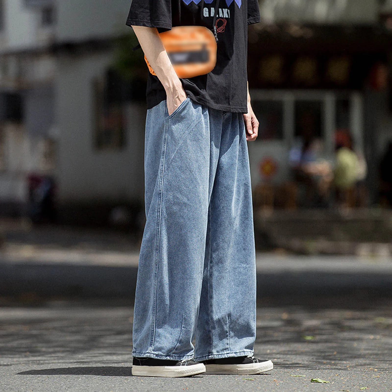 

Мужские модные повседневные свободные джинсовые брюки с эластичным поясом, уличные широкие брюки, классические универсальные мешковатые прямые джинсовые брюки