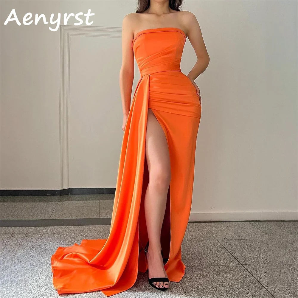 

Aenryst Simple Orange Strapless Satin Evening Dresses Side High Split Mermaid Prom Dress Floor Length Party Gowns Custom Made