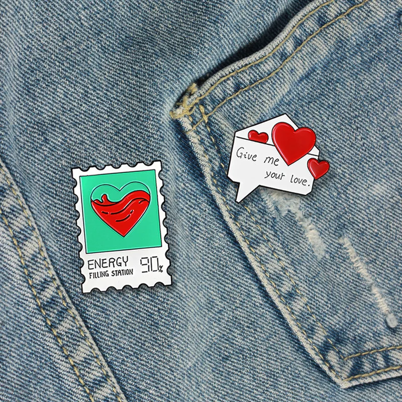 

Enamel Pins Red Hearts Give me your love ENERGY Brooches Lapel Badges For Lovers Woman Jewelry Gift Wholesale Love Letter Stamp