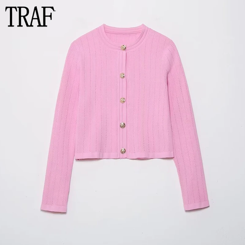 

TRAF Pink Knitted Cardigan Woman Golden Button Short Sweaters for Women Long Sleeve Cropped Cardigans Women New Knitwears
