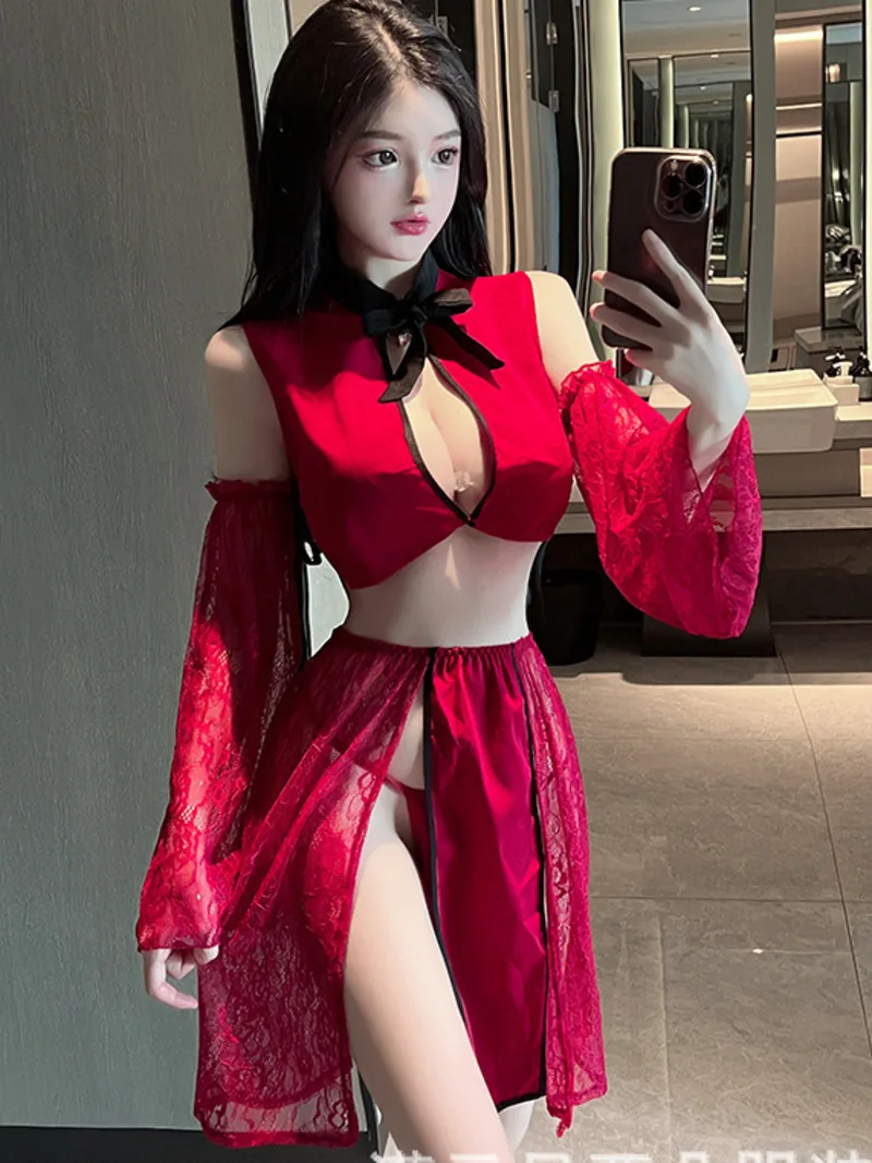 

Sweet Fashion Sexy Women Mini Dress Tops Sexy Classical Jacquard Hanfu Perspective Uniform Christmas Dress Elegant R6K5