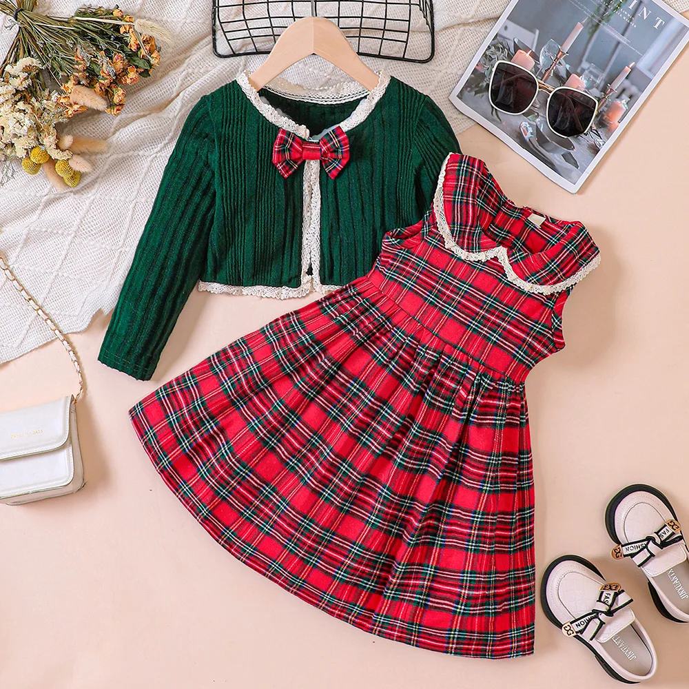 Girls Autumn Winter Clothes Sets Children Sweet Green Plaid Cardigan Coat+Red Doll Neck Tank Dresses 2Pcs Suits
Girls Autumn Winter Clothes Sets Children Sweet Green Plaid Cardigan Coat+Red Doll Neck Tank Dresses 2Pcs Suits