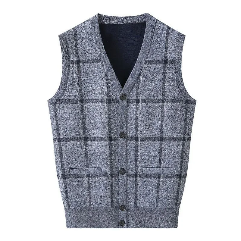 

Fashion V-Neck Knitted Spliced Lattice Cardigan Vest Sweaters Men's Clothing 2024 Autumn New Casual Tops Sleeveless Korean Coat